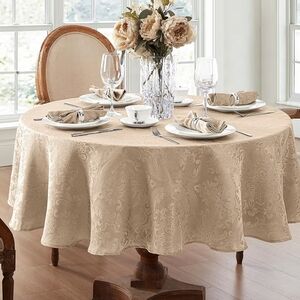Sophisticated Beige Damask Oval Waterproof Tablecloth Size 60 X 84